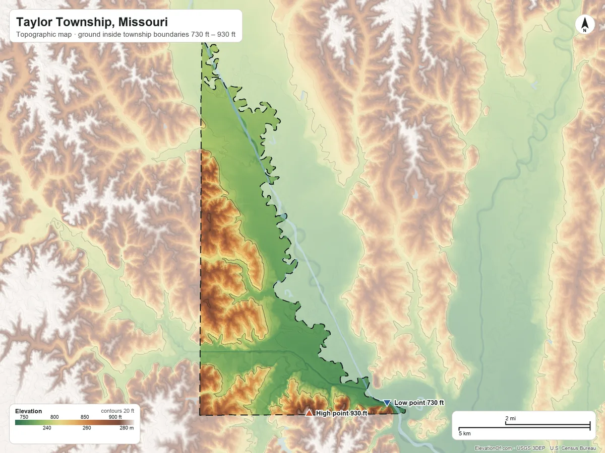 Topographic elevation map of Taylor Township, Missouri, shaded from 730 ft on the southeast side to 930 ft on the southeast side