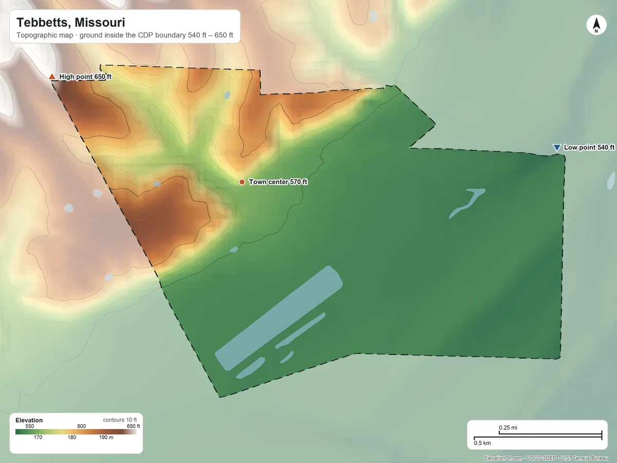 Topographic elevation map of Tebbetts, Missouri, shaded from 540 ft on the east side to 650 ft on the northwest side