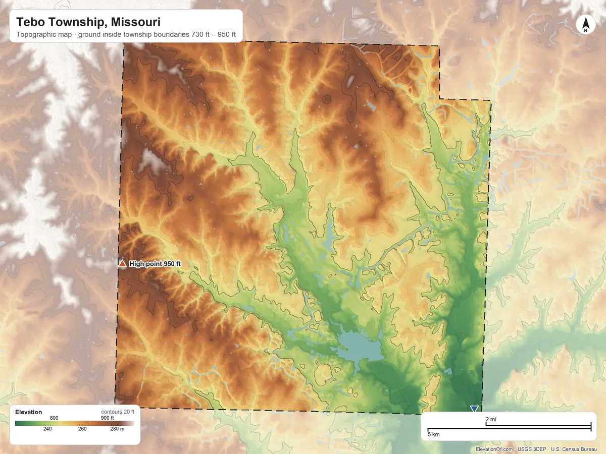 Topographic elevation map of Tebo Township, Missouri, shaded from 730 ft on the southeast side to 950 ft on the west side