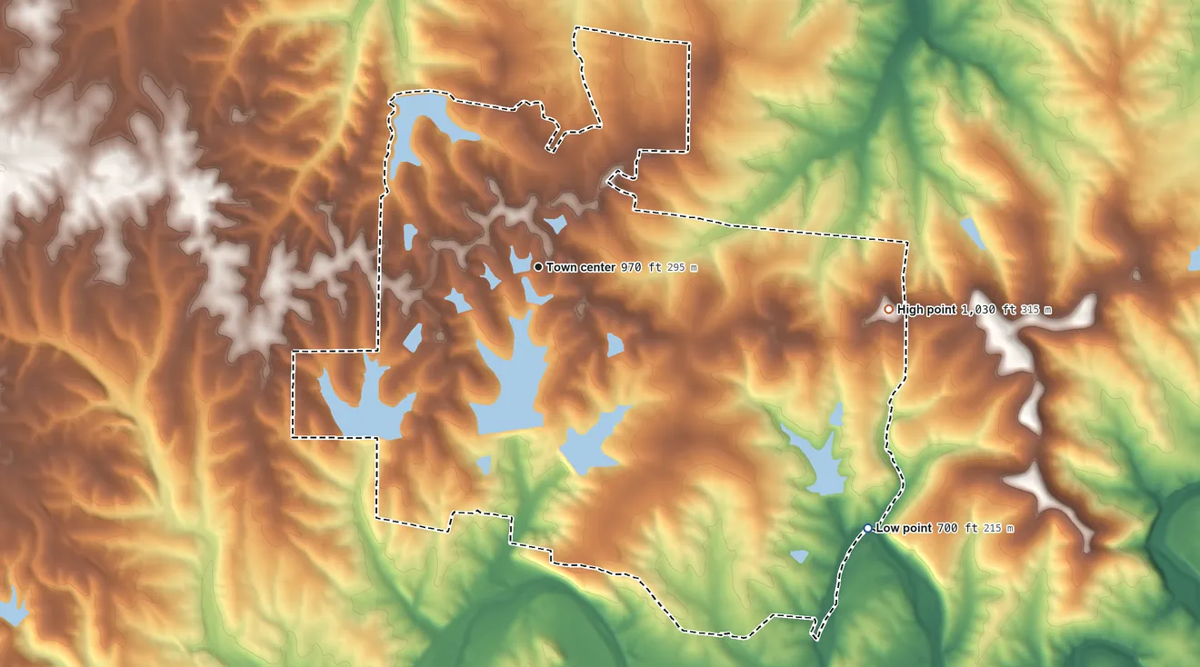 Topographic elevation map of Terre du Lac, Missouri, shaded from 700 ft on the southeast side to 1,030 ft on the east side