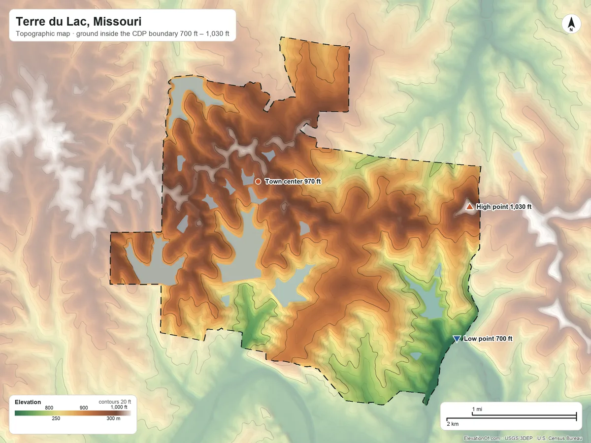 Topographic elevation map of Terre du Lac, Missouri, shaded from 700 ft on the southeast side to 1,030 ft on the east side