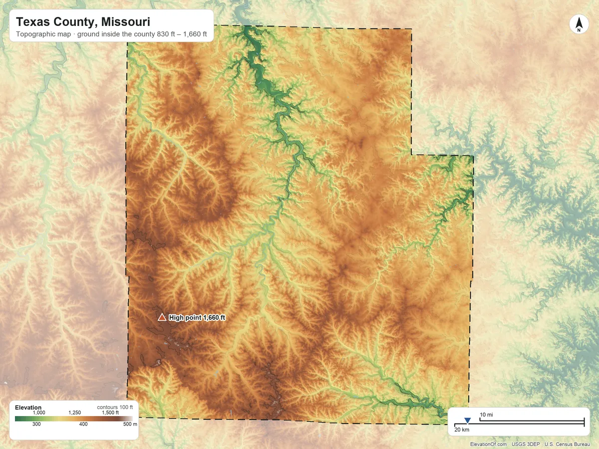 Topographic elevation map of Texas County, Missouri, shaded from 830 ft on the southeast side to 1,660 ft on the southwest side
