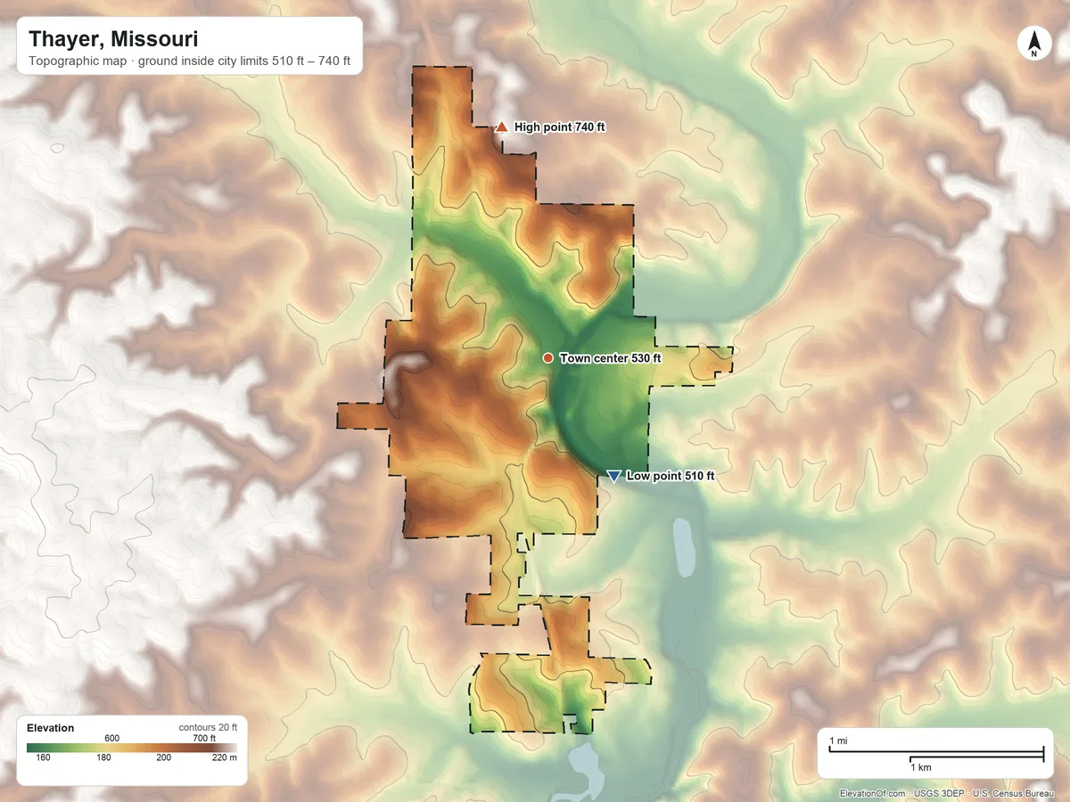 Topographic elevation map of Thayer, Missouri, shaded from 510 ft on the southeast side to 740 ft on the north side