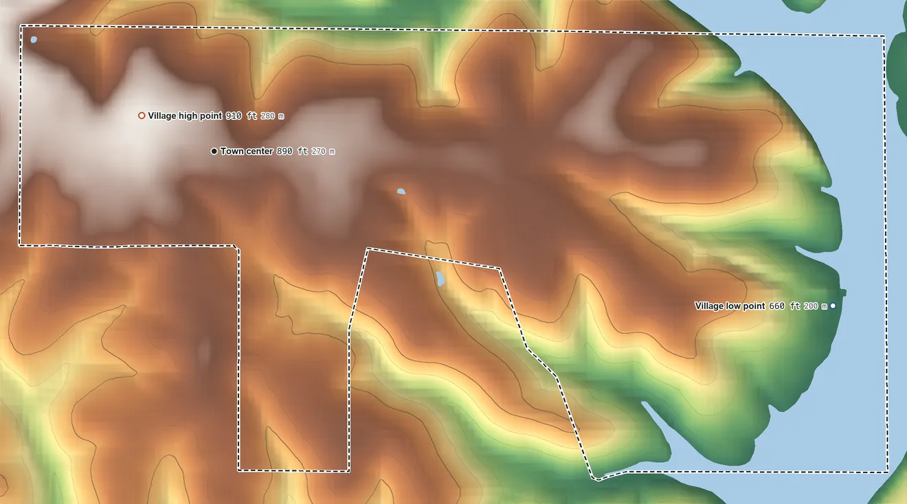 Topographic elevation map of Theodosia, Missouri, shaded from 660 ft on the east side to 910 ft near the middle