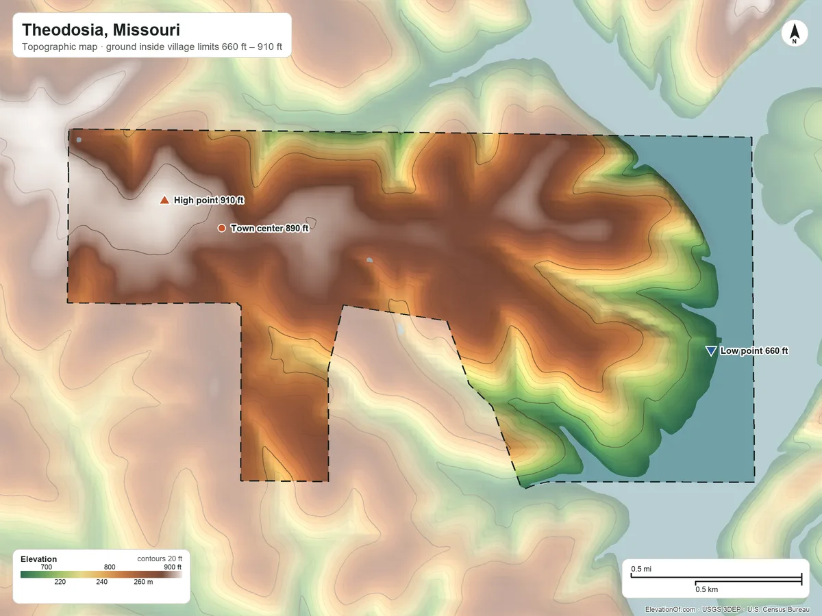 Topographic elevation map of Theodosia, Missouri, shaded from 660 ft on the east side to 910 ft near the middle