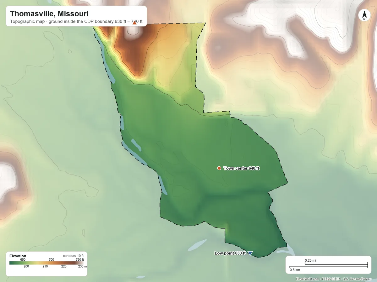 Topographic elevation map of Thomasville, Missouri, shaded from 630 ft on the south side to 760 ft on the northwest side