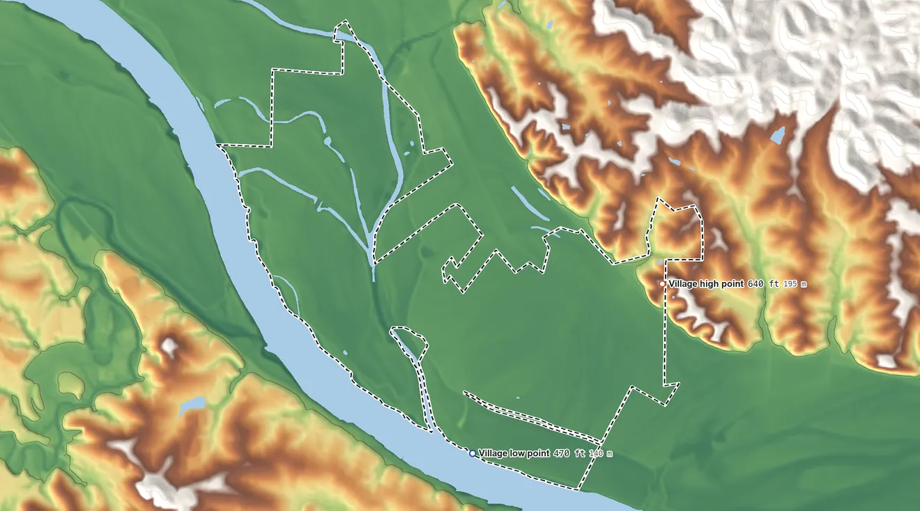 Topographic elevation map of Three Creeks, Missouri, shaded from 470 ft on the southwest side to 640 ft on the northeast side