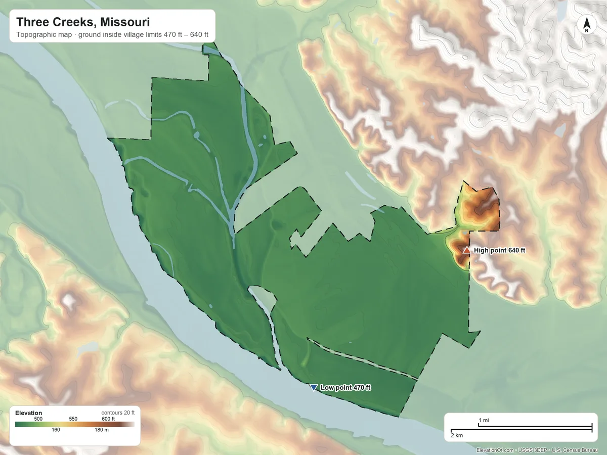Topographic elevation map of Three Creeks, Missouri, shaded from 470 ft on the southwest side to 640 ft on the northeast side