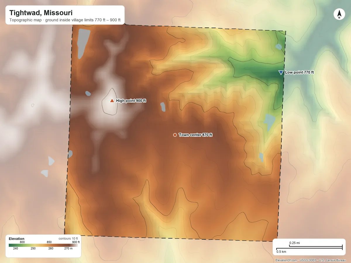 Topographic elevation map of Tightwad, Missouri, shaded from 770 ft on the northeast side to 900 ft on the northwest side