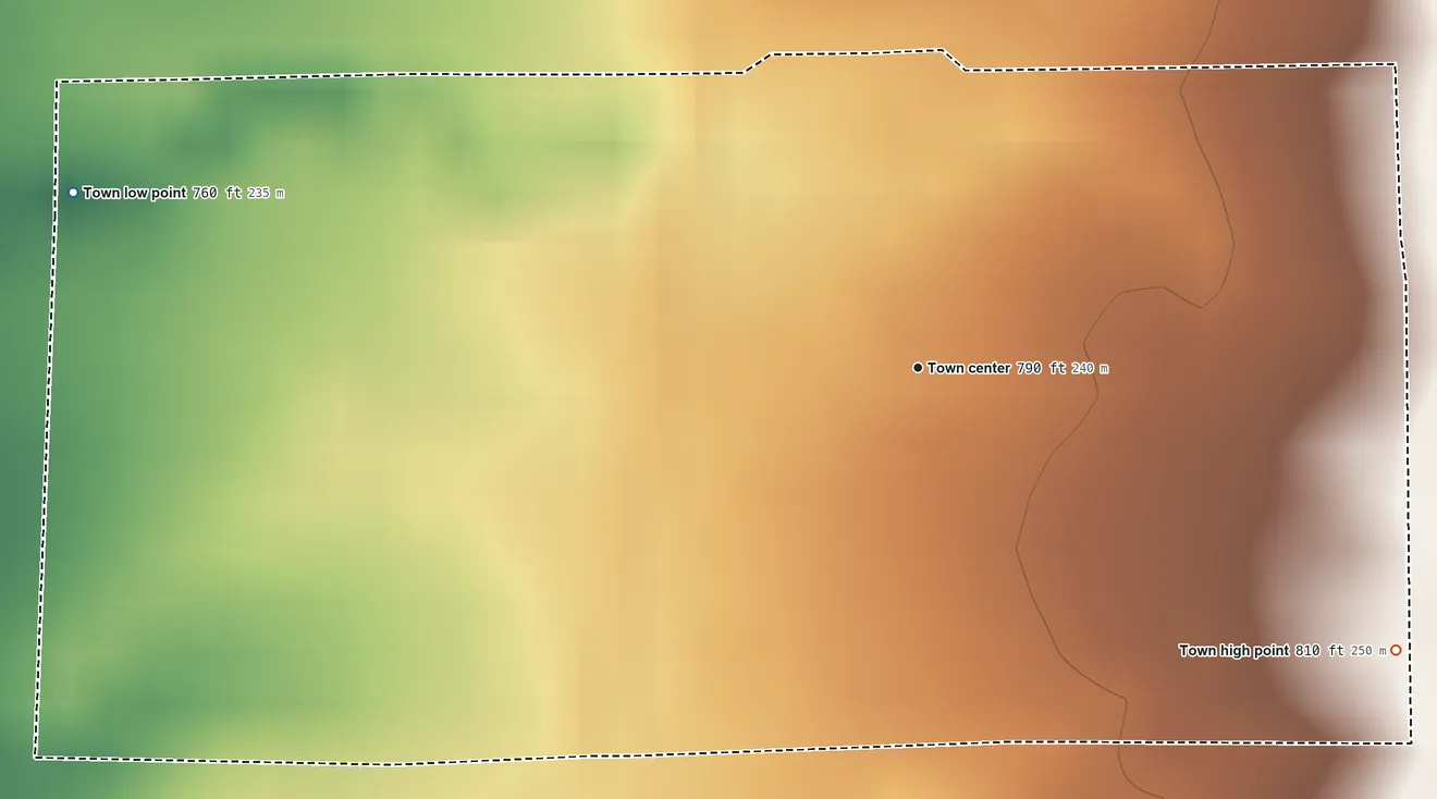 Topographic elevation map of Tindall, Missouri, shaded from 760 ft on the west side to 810 ft on the southeast side