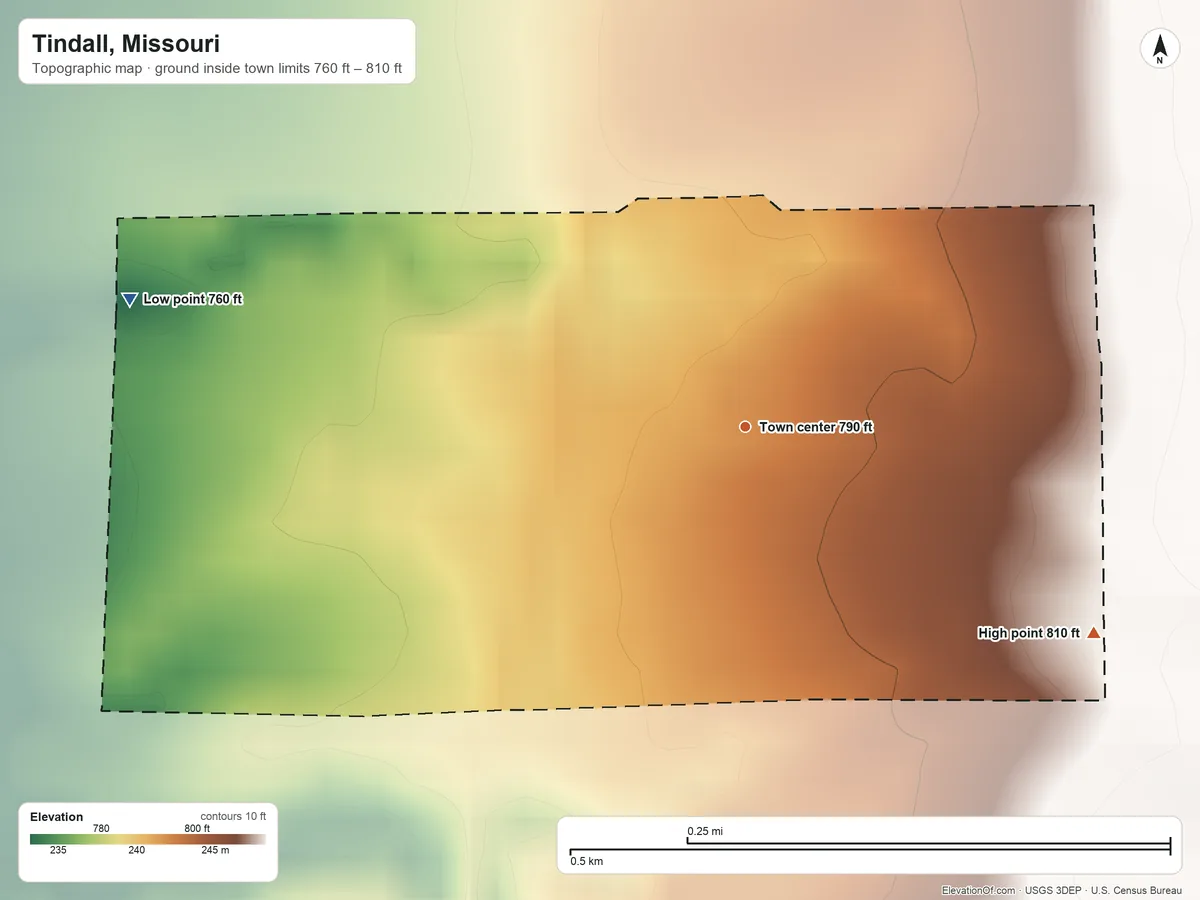 Topographic elevation map of Tindall, Missouri, shaded from 760 ft on the west side to 810 ft on the southeast side