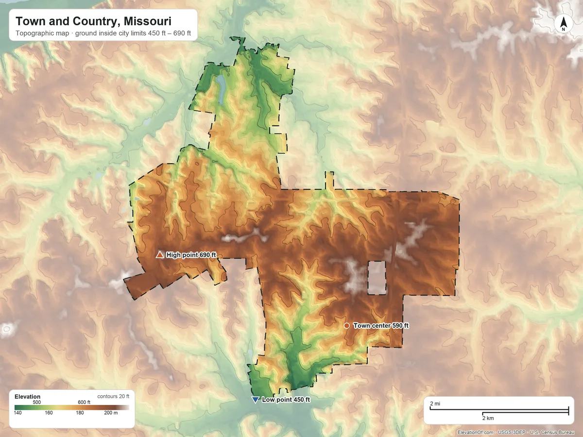 Topographic elevation map of Town and Country, Missouri, shaded from 450 ft on the southwest side to 690 ft on the west side