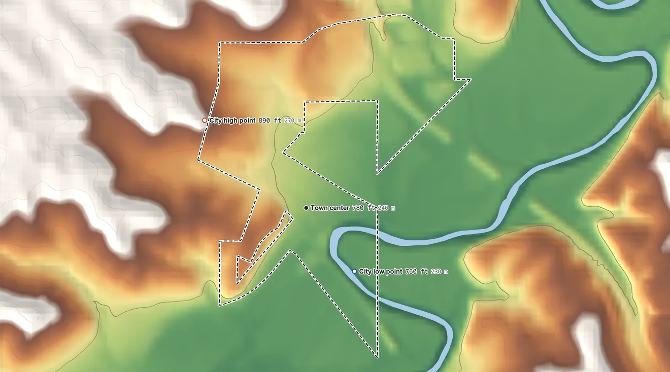 Topographic elevation map of Tracy, Missouri, shaded from 760 ft on the southeast side to 890 ft on the northwest side