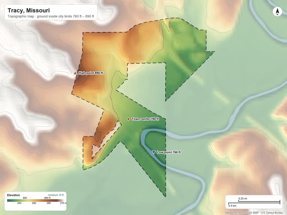 Topographic elevation map of Tracy, Missouri, shaded from 760 ft on the southeast side to 890 ft on the northwest side