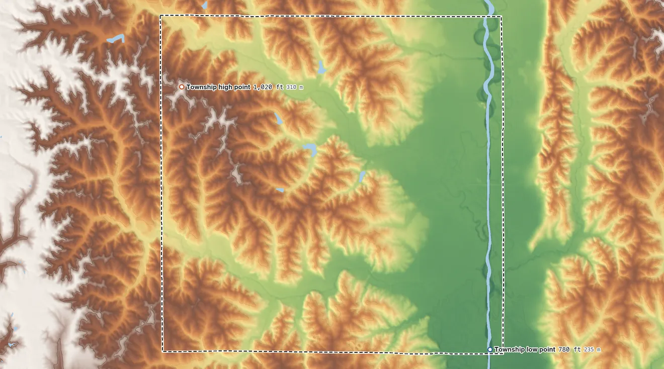 Topographic elevation map of Trail Creek Township, Missouri, shaded from 780 ft on the southeast side to 1,020 ft on the northwest side