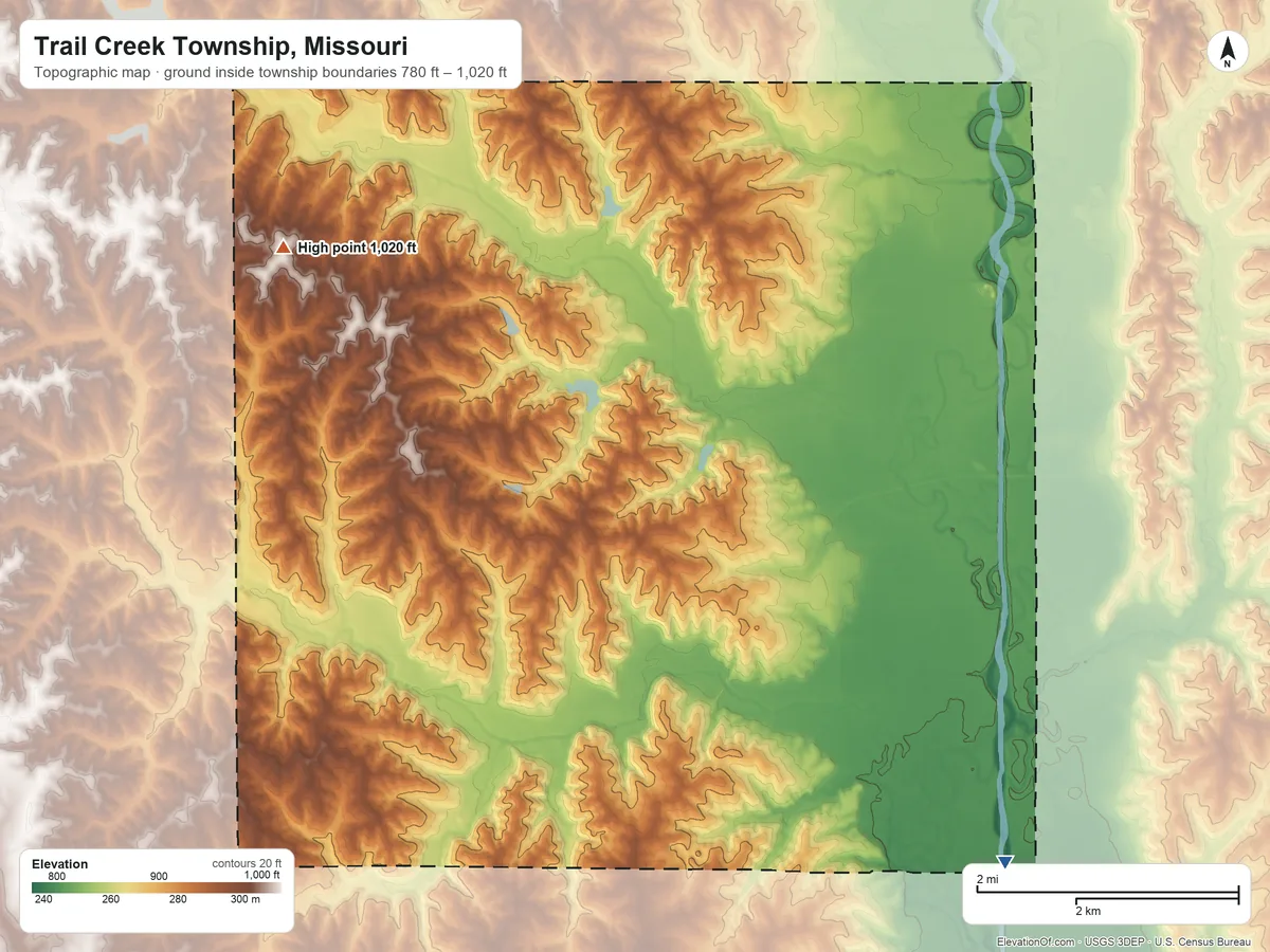 Topographic elevation map of Trail Creek Township, Missouri, shaded from 780 ft on the southeast side to 1,020 ft on the northwest side