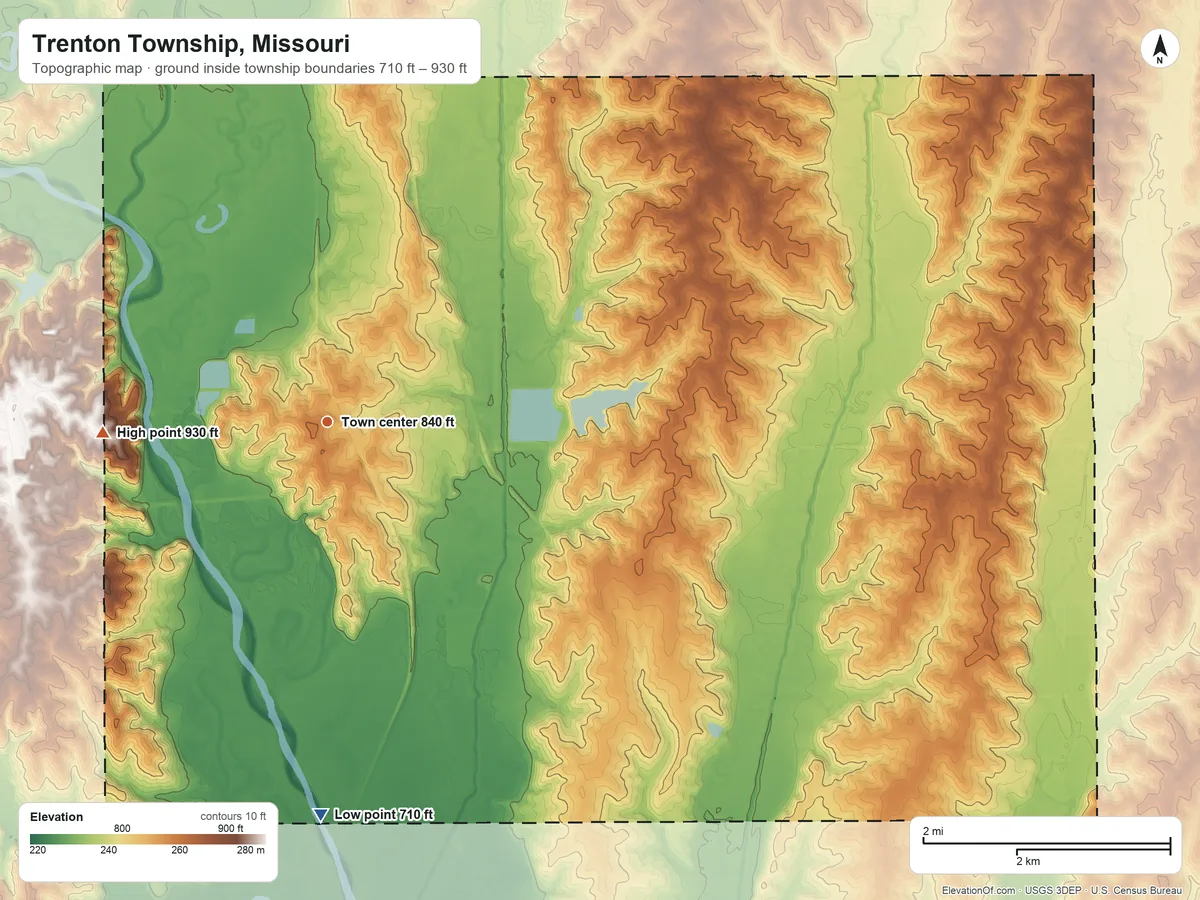 Topographic elevation map of Trenton Township, Missouri, shaded from 710 ft on the south side to 930 ft on the west side