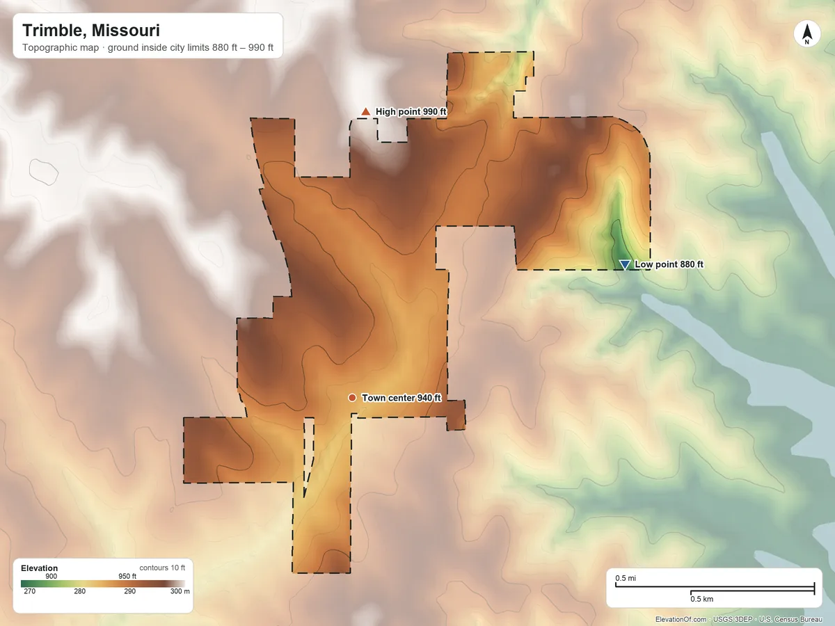Topographic elevation map of Trimble, Missouri, shaded from 880 ft on the northeast side to 990 ft on the north side