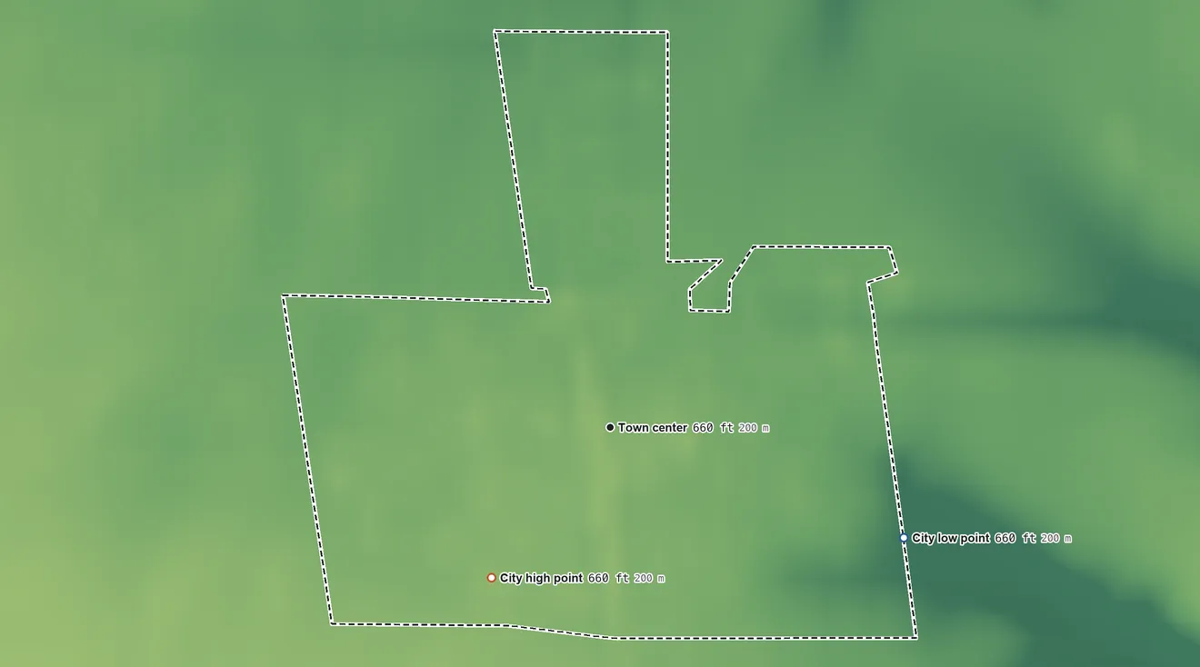 Topographic elevation map of Triplett, Missouri, shaded from 660 ft on the east side to 660 ft on the southwest side