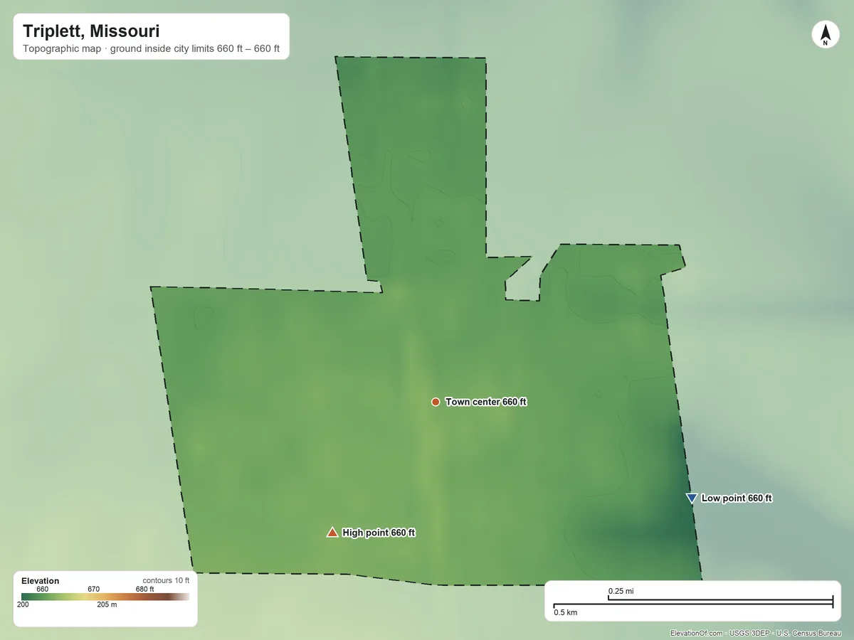 Topographic elevation map of Triplett, Missouri, shaded from 660 ft on the east side to 660 ft on the southwest side