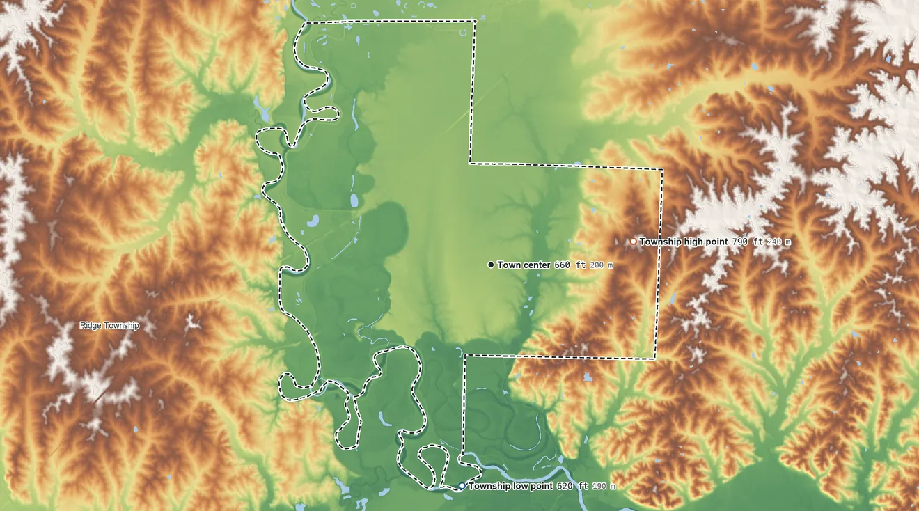 Topographic elevation map of Triplett Township, Missouri, shaded from 620 ft on the south side to 790 ft on the east side
