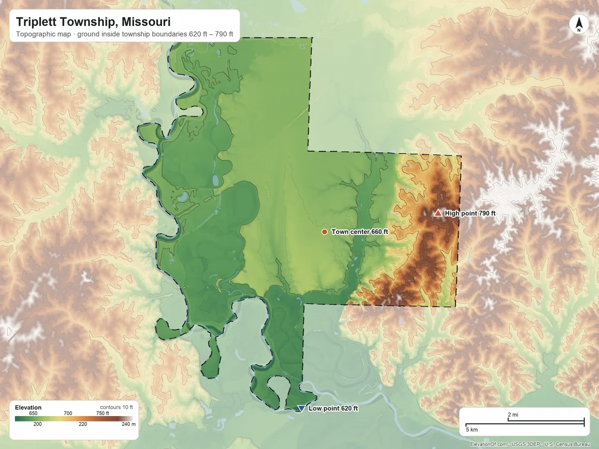 Topographic elevation map of Triplett Township, Missouri, shaded from 620 ft on the south side to 790 ft on the east side