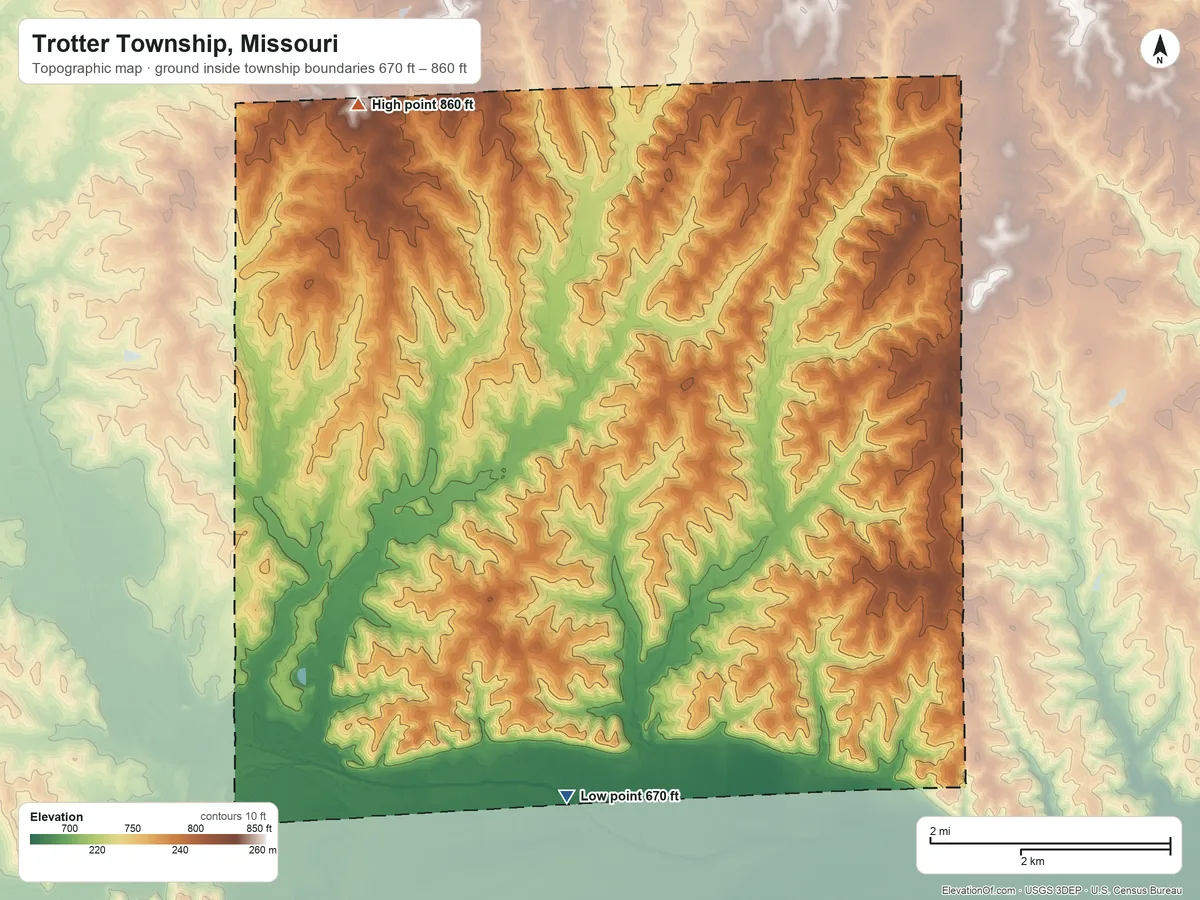 Topographic elevation map of Trotter Township, Missouri, shaded from 670 ft on the south side to 860 ft on the northwest side