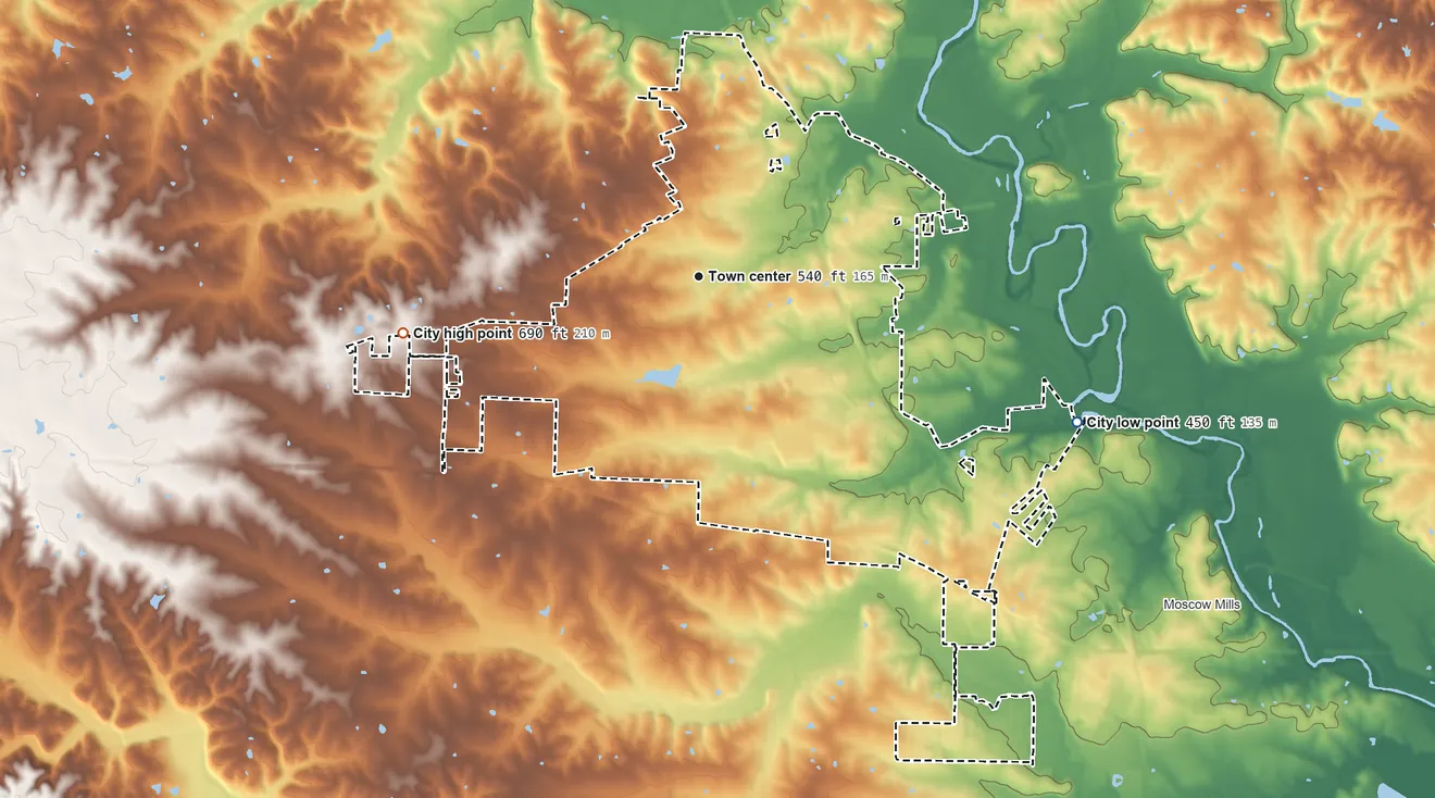 Topographic elevation map of Troy, Missouri, shaded from 450 ft on the east side to 690 ft on the west side