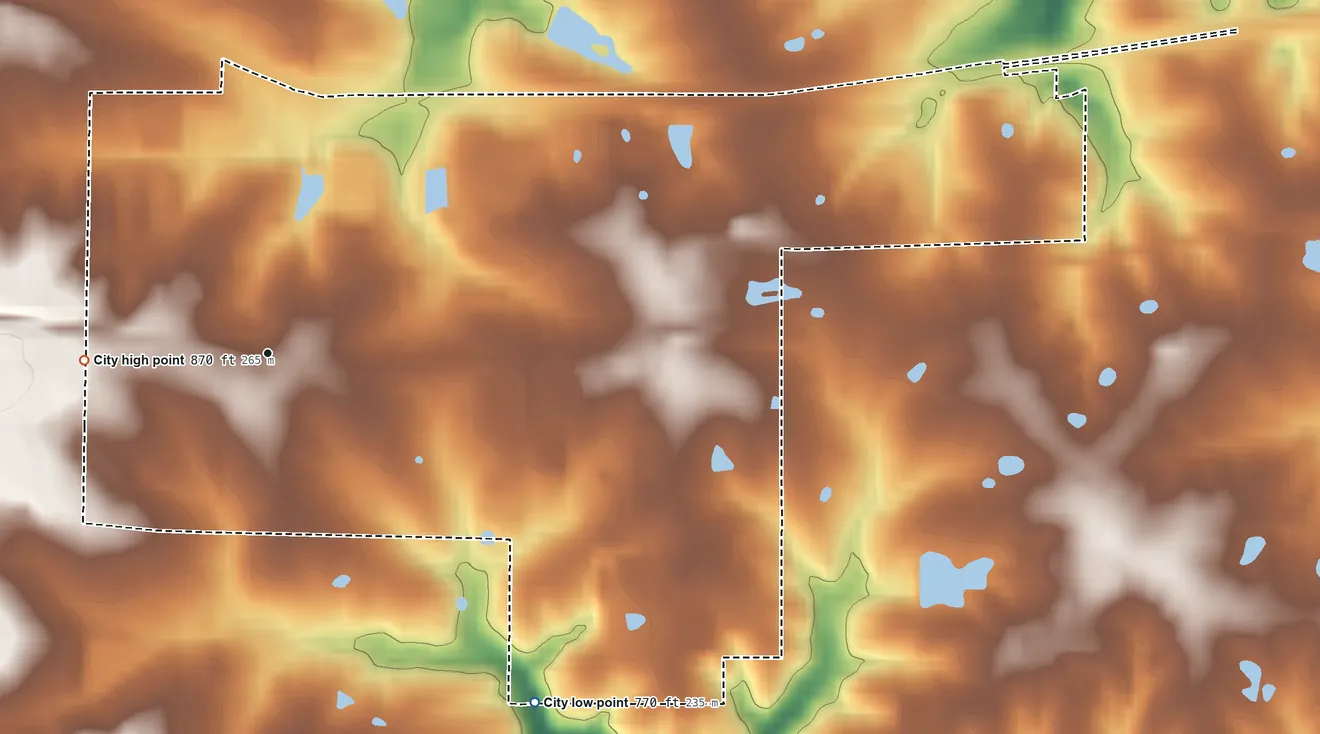 Topographic elevation map of Truesdale, Missouri, shaded from 770 ft on the southeast side to 870 ft on the west side