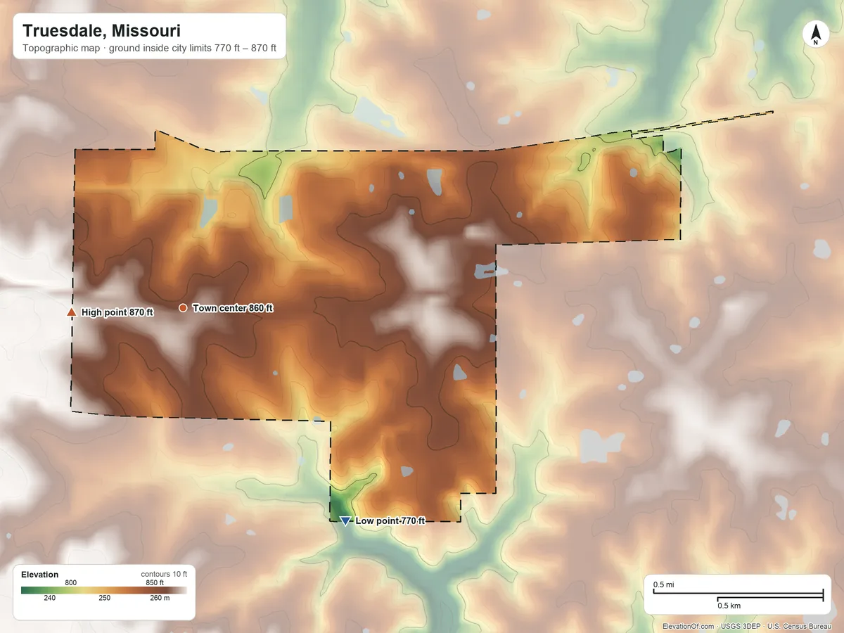 Topographic elevation map of Truesdale, Missouri, shaded from 770 ft on the southeast side to 870 ft on the west side