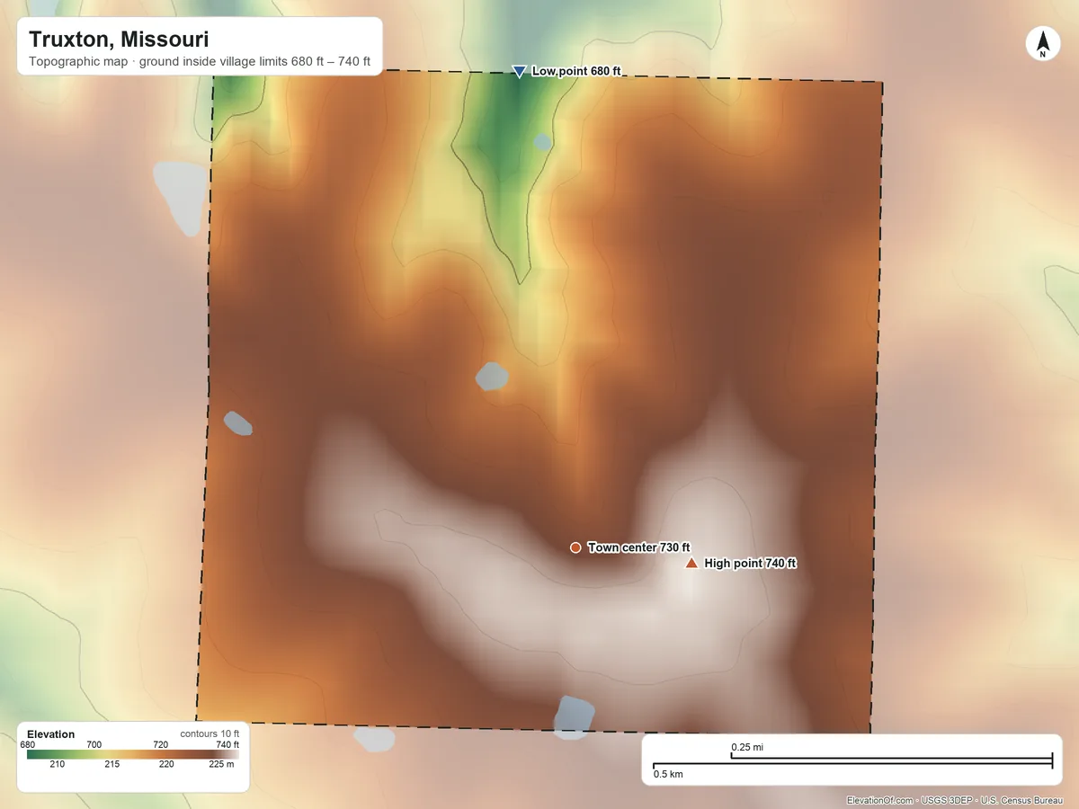 Topographic elevation map of Truxton, Missouri, shaded from 680 ft on the north side to 740 ft on the east side