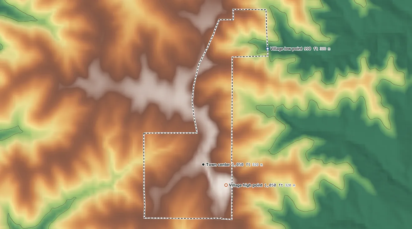 Topographic elevation map of Turney, Missouri, shaded from 990 ft on the northeast side to 1,050 ft on the southeast side