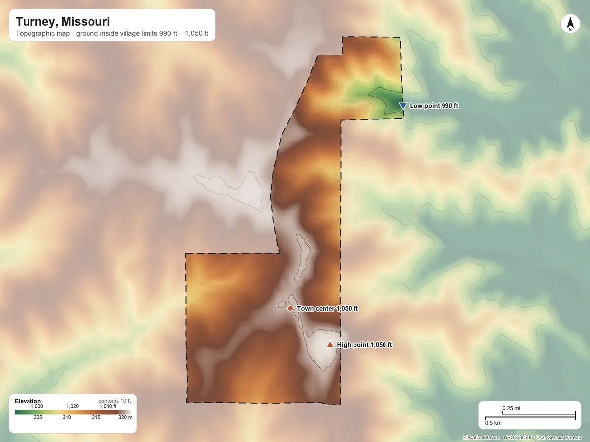 Topographic elevation map of Turney, Missouri, shaded from 990 ft on the northeast side to 1,050 ft on the southeast side