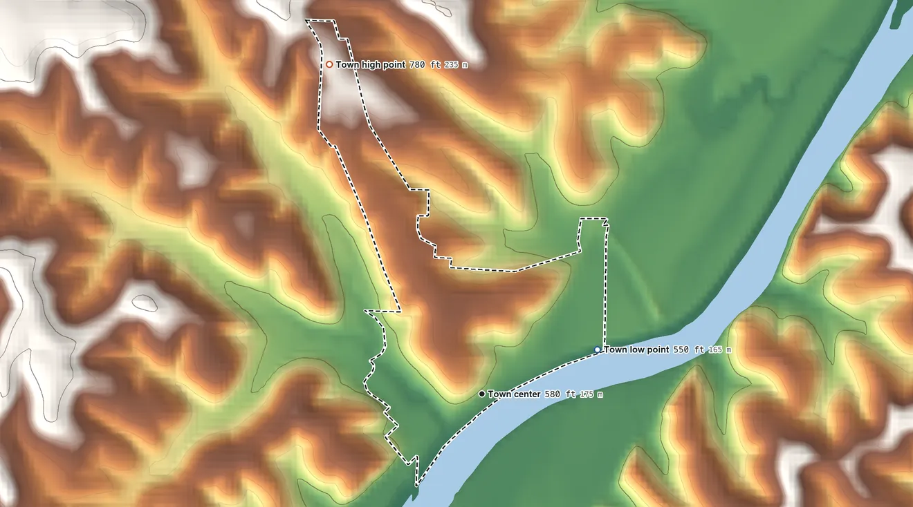 Topographic elevation map of Tuscumbia, Missouri, shaded from 550 ft on the east side to 780 ft on the northwest side