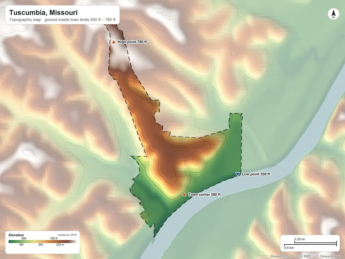 Topographic elevation map of Tuscumbia, Missouri, shaded from 550 ft on the east side to 780 ft on the northwest side