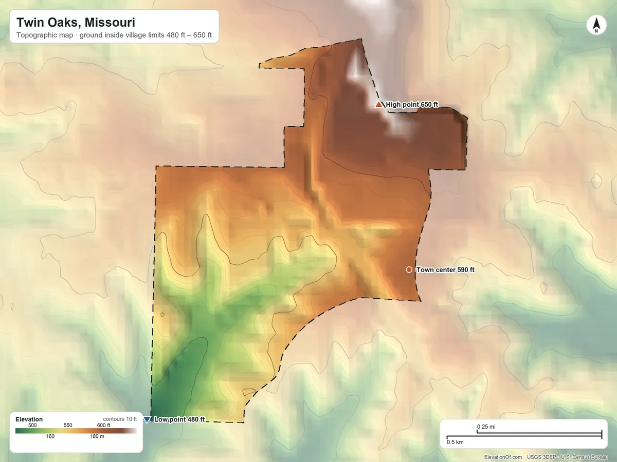 Topographic elevation map of Twin Oaks, Missouri, shaded from 480 ft on the southwest side to 650 ft on the north side