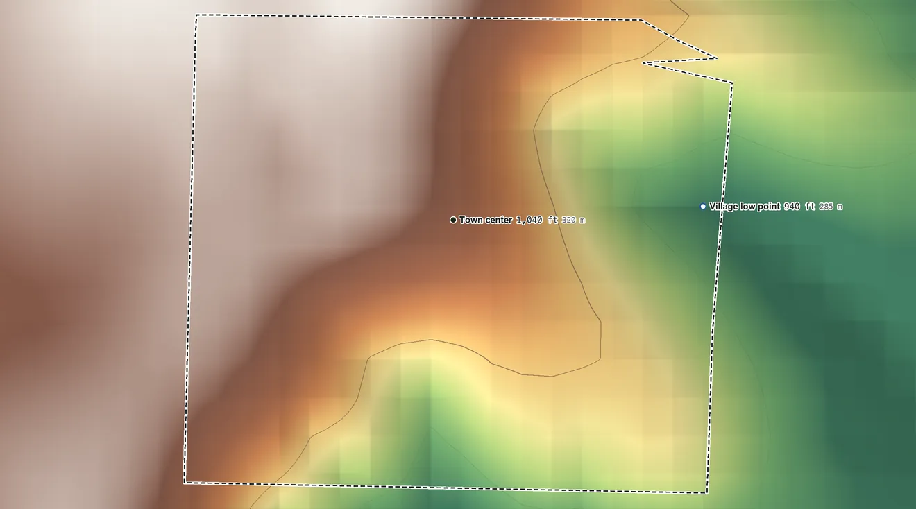 Topographic elevation map of Umber View Heights, Missouri, shaded from 940 ft on the east side to 1,070 ft on the northwest side