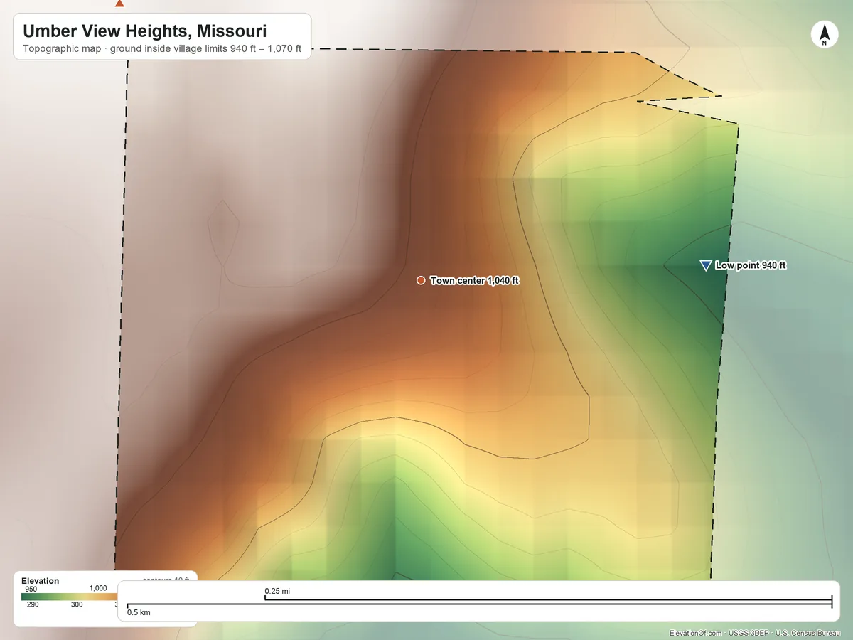 Topographic elevation map of Umber View Heights, Missouri, shaded from 940 ft on the east side to 1,070 ft on the northwest side