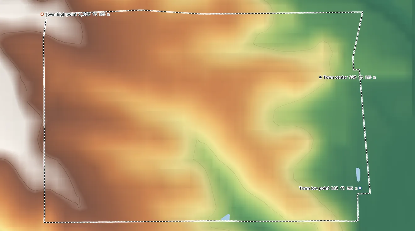 Topographic elevation map of Union Star, Missouri, shaded from 940 ft on the south side to 1,010 ft on the west side