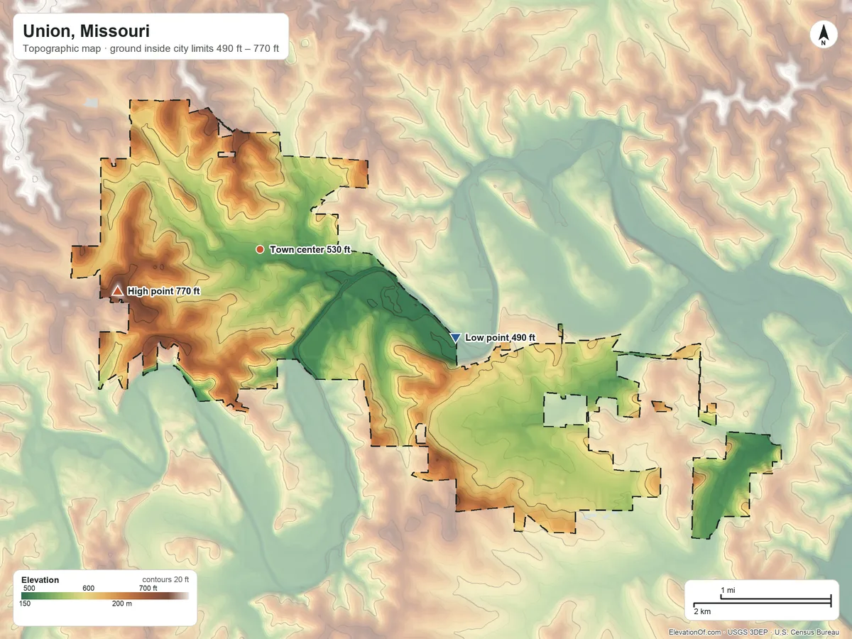 Topographic elevation map of Union, Missouri, shaded from 490 ft on the southeast side to 770 ft on the west side
