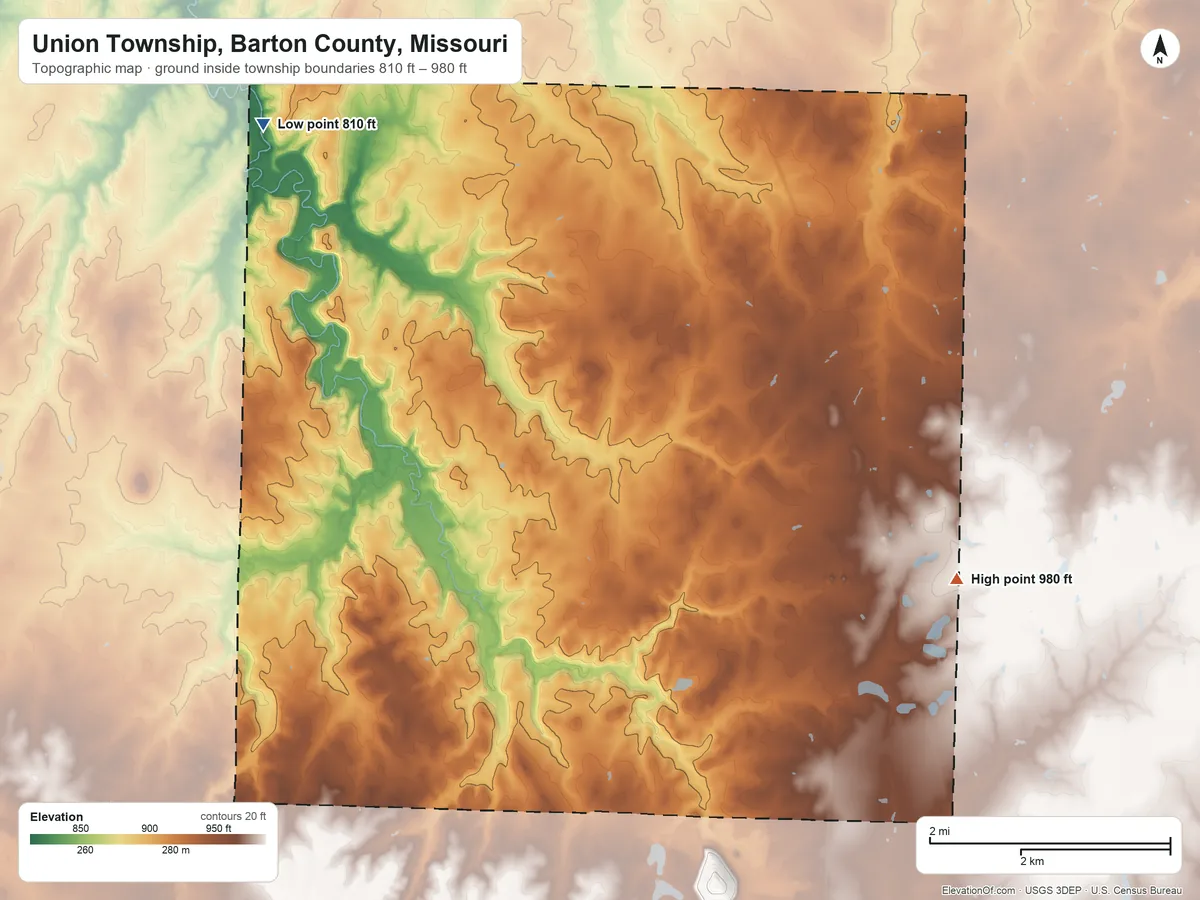 Topographic elevation map of Union Township, Barton County, Missouri, shaded from 810 ft on the northwest side to 980 ft on the east side