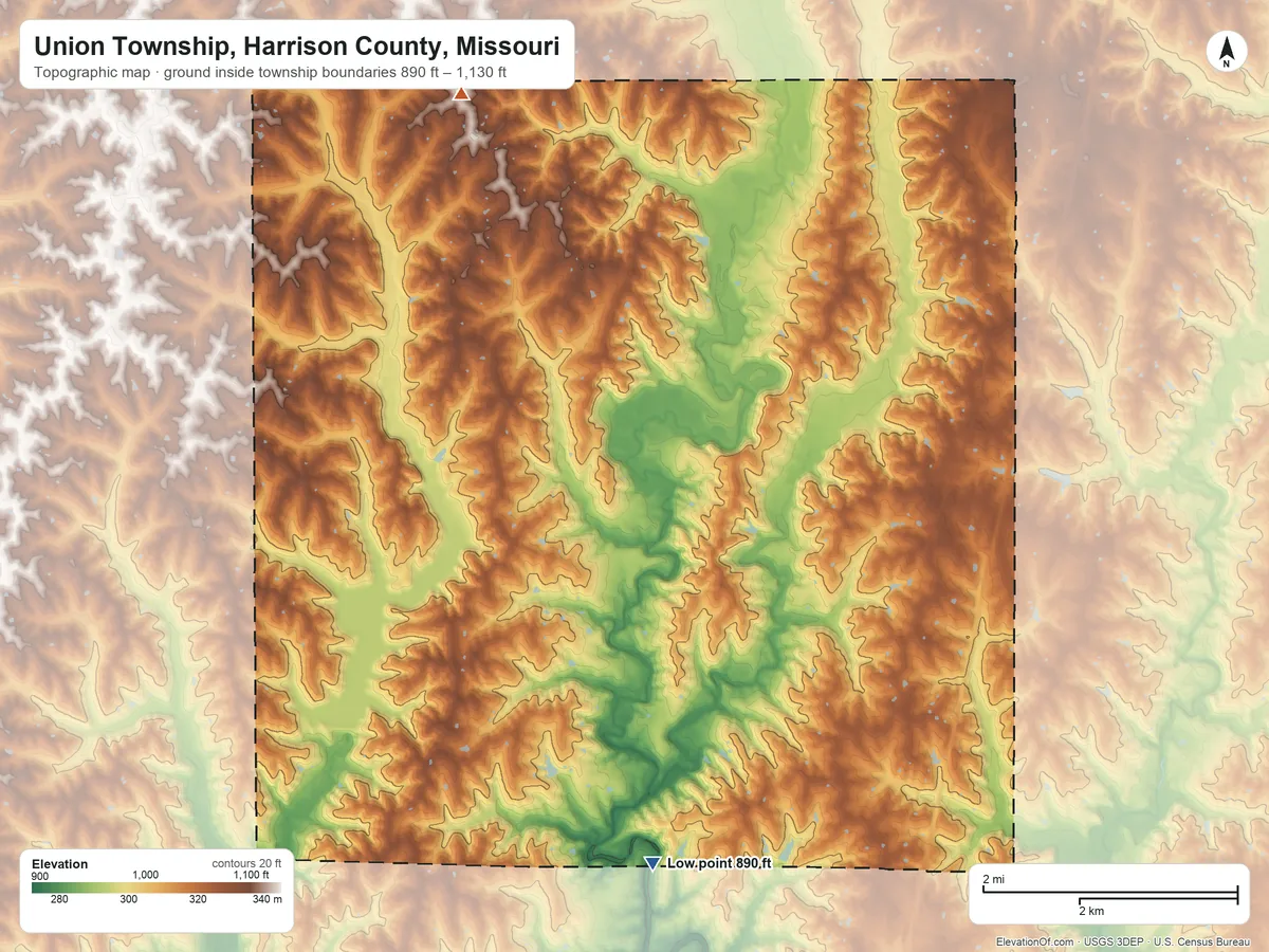 Topographic elevation map of Union Township, Harrison County, Missouri, shaded from 890 ft on the south side to 1,130 ft on the northwest side