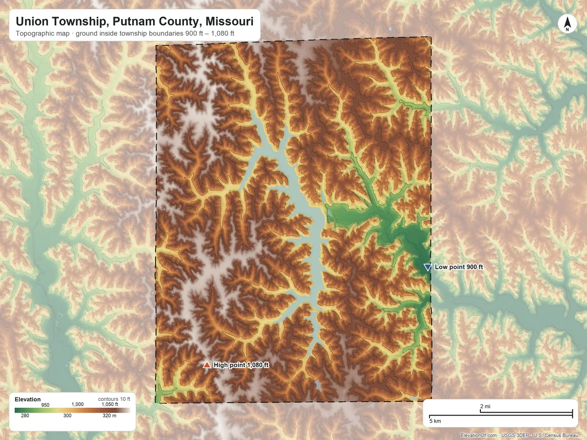 Topographic elevation map of Union Township, Putnam County, Missouri, shaded from 900 ft on the northeast side to 1,080 ft on the west side
