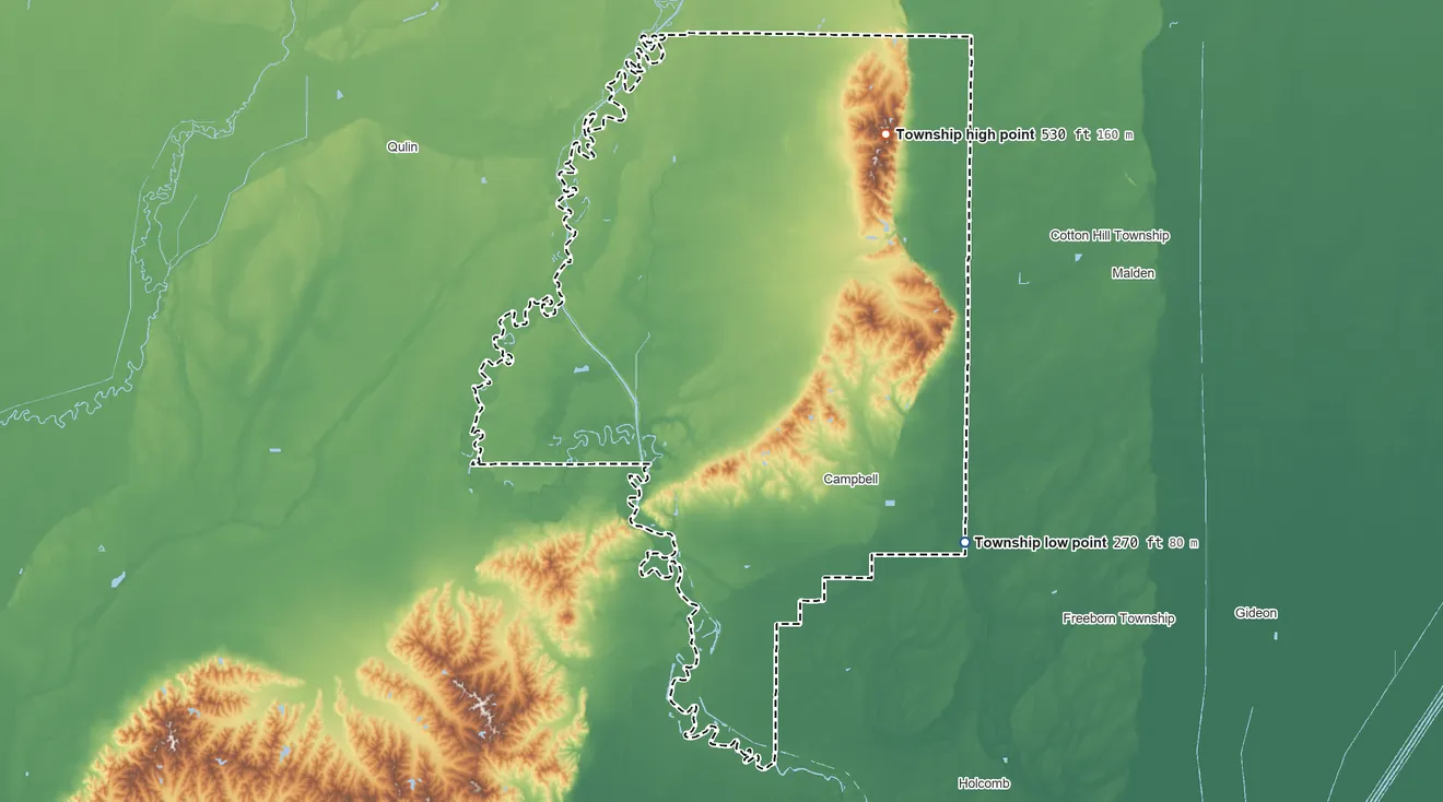 Topographic elevation map of Union Township, Missouri, shaded from 270 ft on the southeast side to 530 ft on the north side