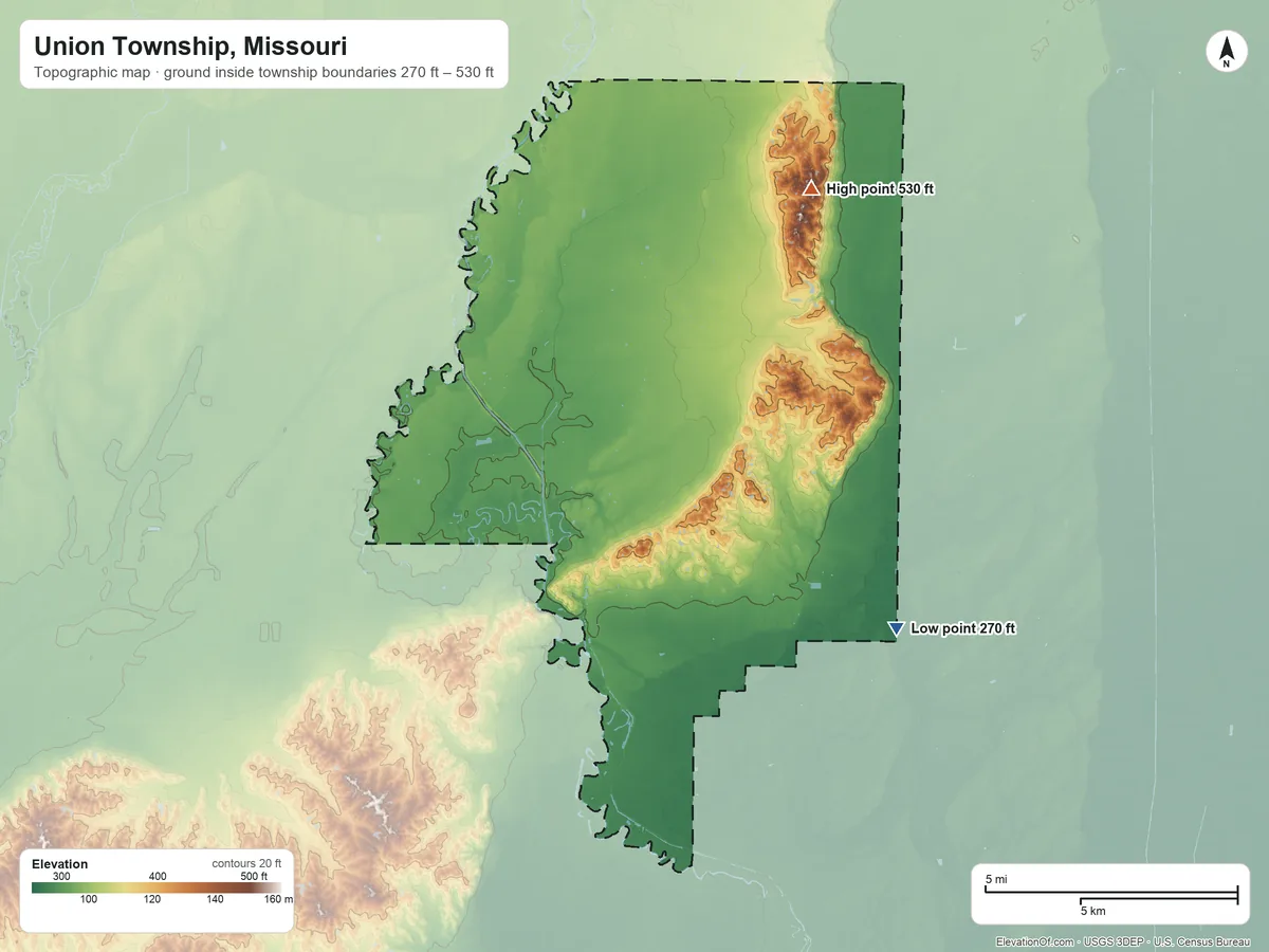 Topographic elevation map of Union Township, Missouri, shaded from 270 ft on the southeast side to 530 ft on the north side