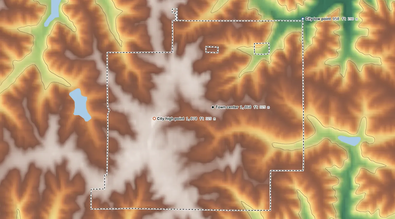Topographic elevation map of Unionville, Missouri, shaded from 950 ft on the northeast side to 1,070 ft on the west side