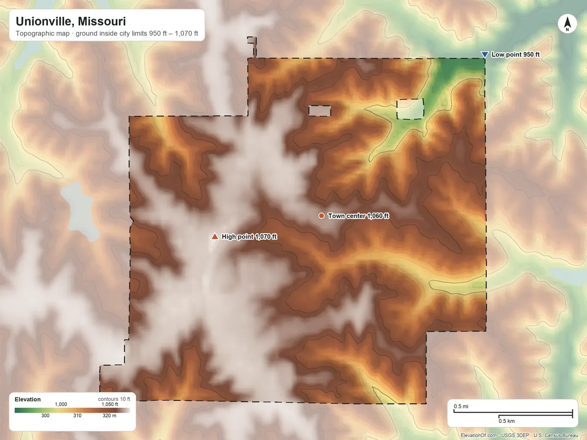 Topographic elevation map of Unionville, Missouri, shaded from 950 ft on the northeast side to 1,070 ft on the west side
