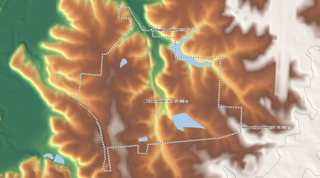 Topographic elevation map of Unity Village, Missouri, shaded from 810 ft on the north side to 990 ft on the east side