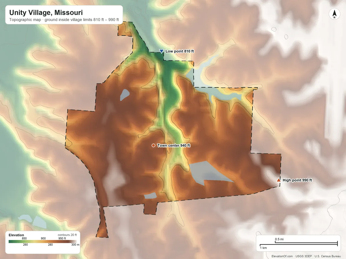 Topographic elevation map of Unity Village, Missouri, shaded from 810 ft on the north side to 990 ft on the east side