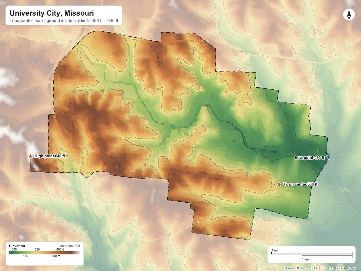 Topographic elevation map of University City, Missouri, shaded from 490 ft on the northeast side to 640 ft on the west side